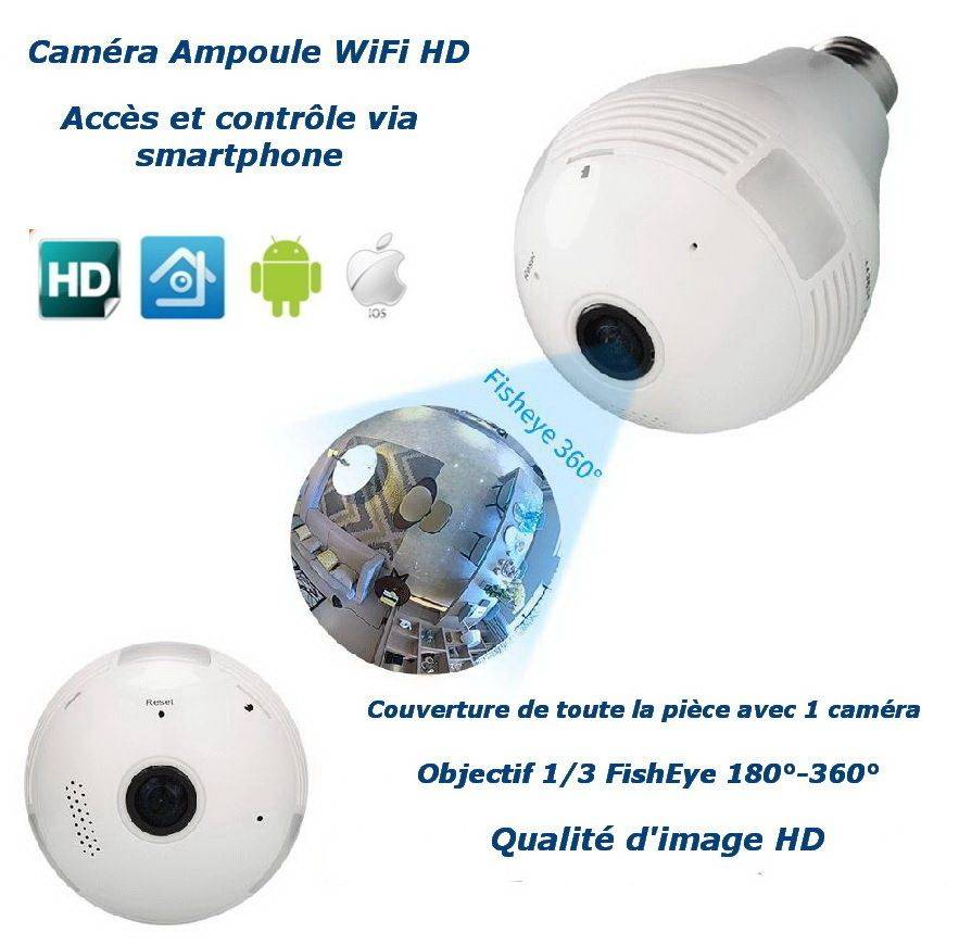 Ampoule - Caméra Espion - Wifi HD Panoramique 360° Avec Accès par Smartphone