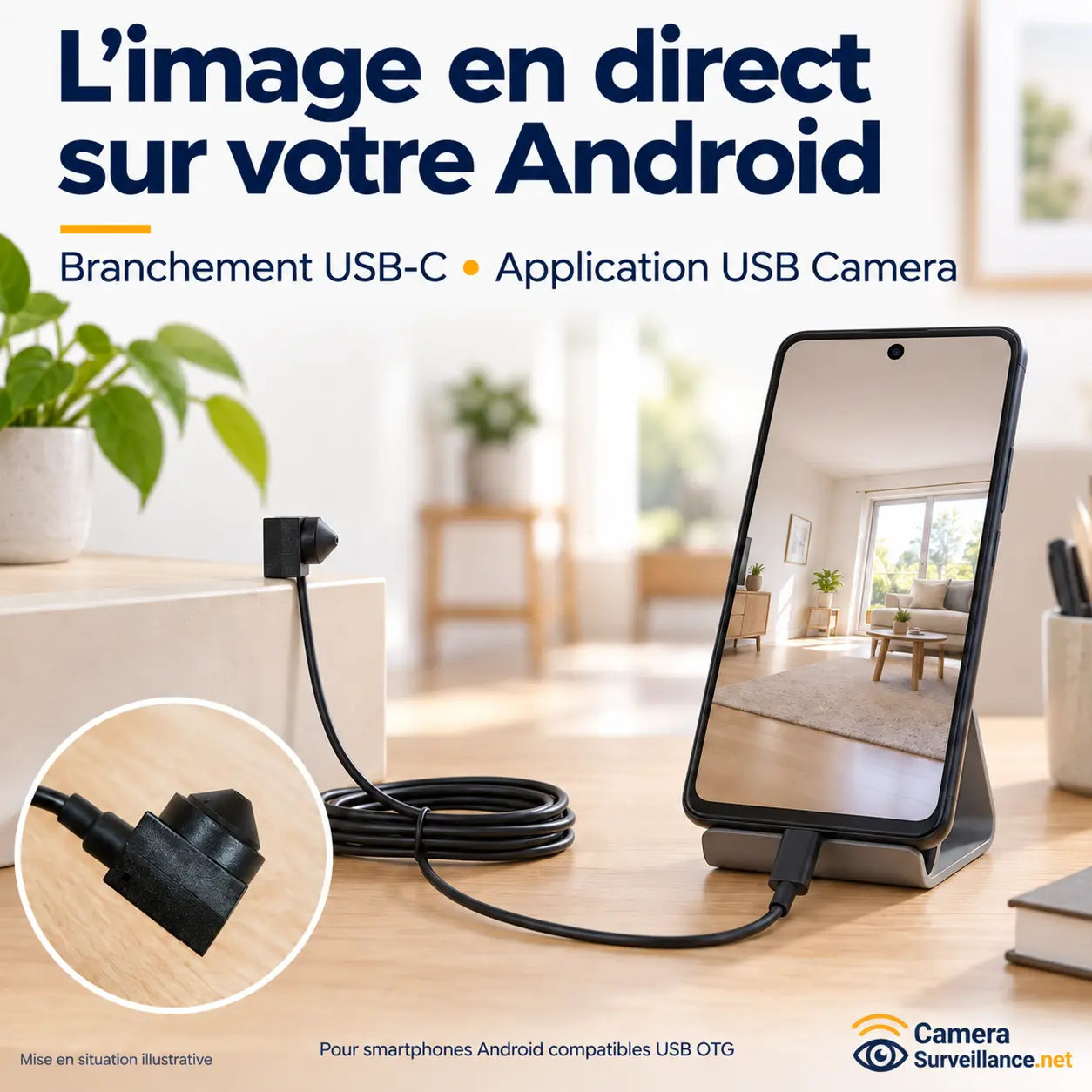 Mini caméra pinhole USB-C affichant l’image en direct sur un smartphone
