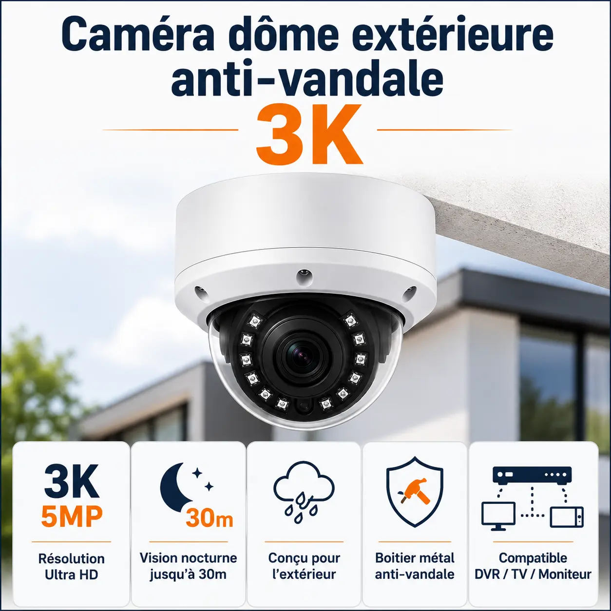 Caméra dôme extérieure anti-vandale 3K 5MP avec vision nocturne