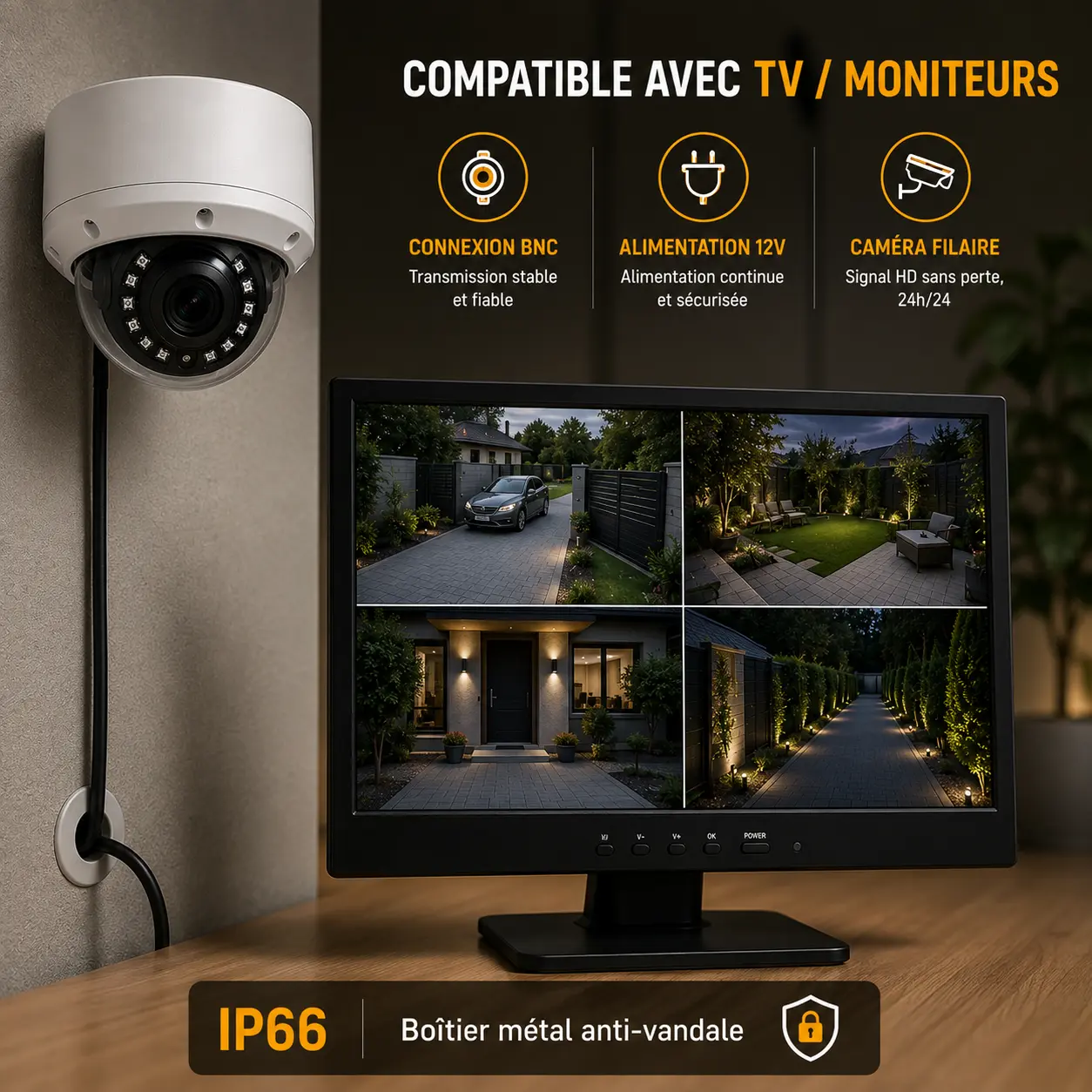 Caméra filaire BNC 12V compatible DVR TV et moniteur
