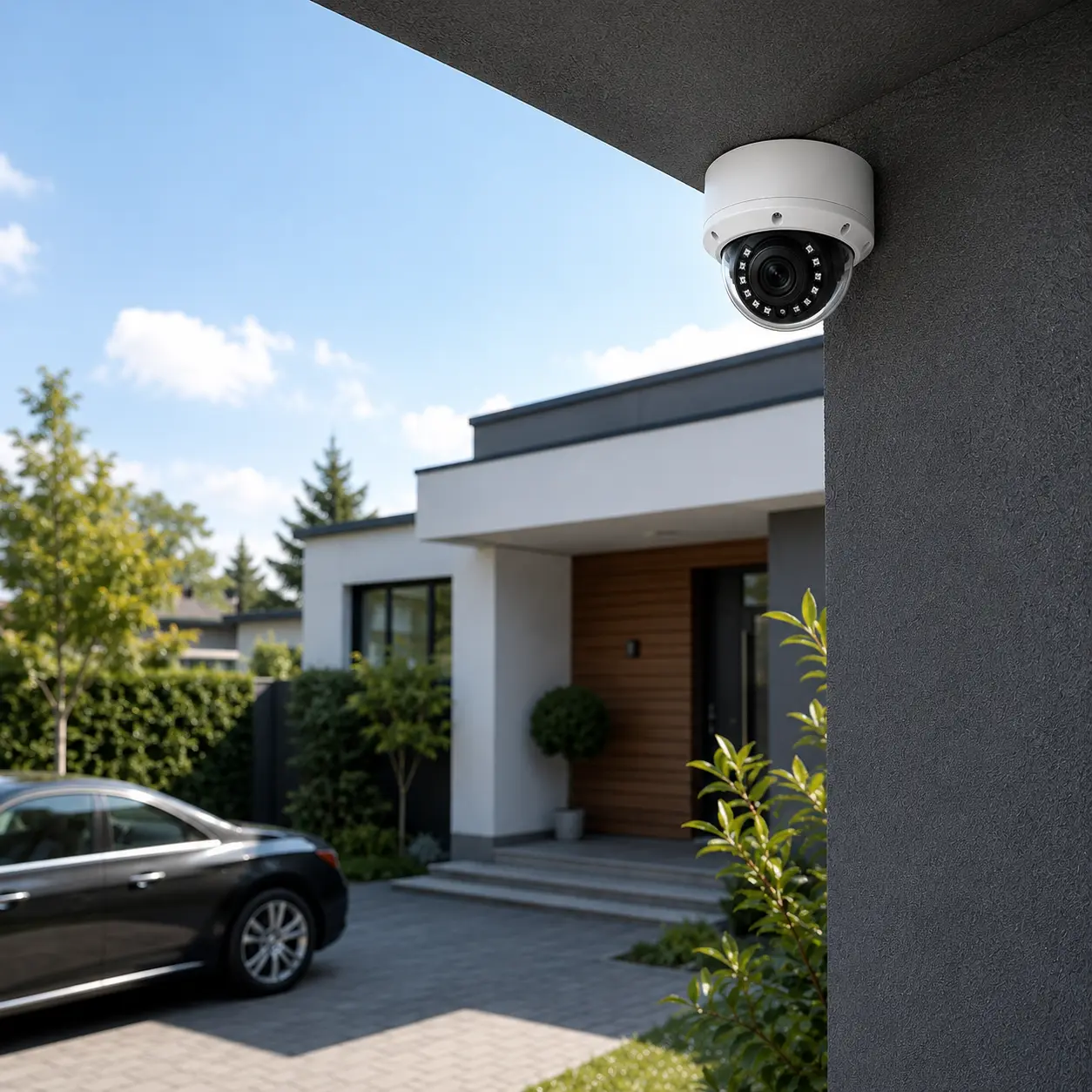 Caméra de surveillance extérieure dôme installée sur une maison