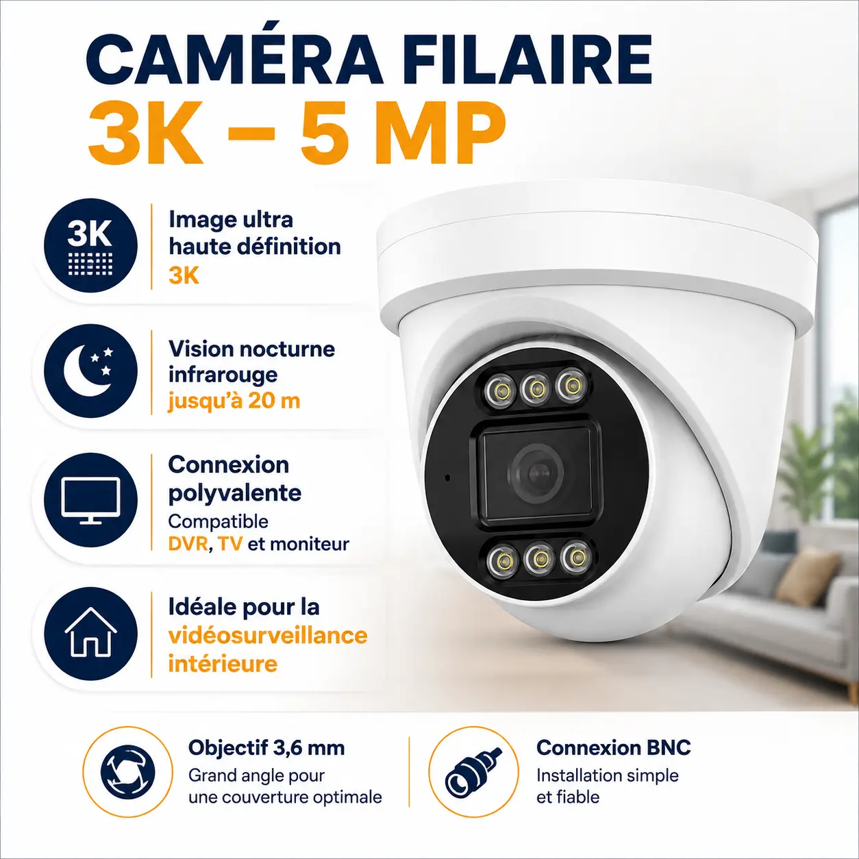 Caméra de surveillance intérieure filaire 3K 5MP avec vision nocturne