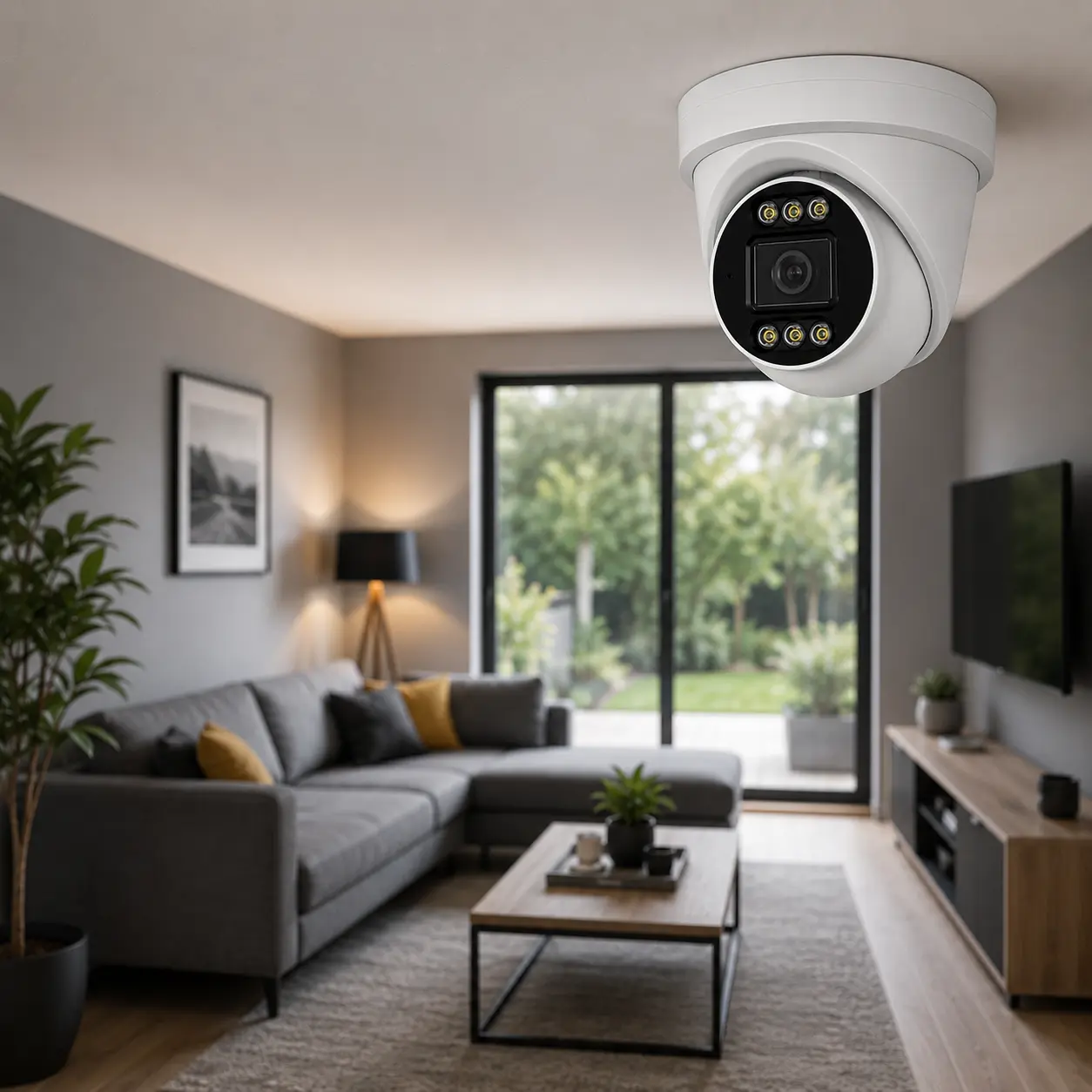 Caméra de surveillance intérieure installée au plafond d’un salon