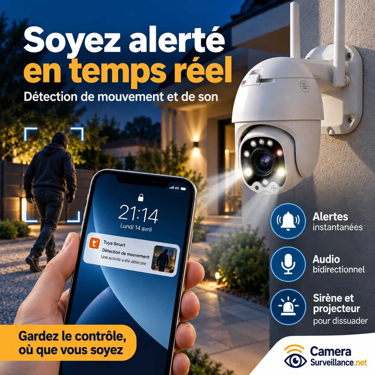 Caméra 4G avec alertes, audio bidirectionnel, sirène et projecteur