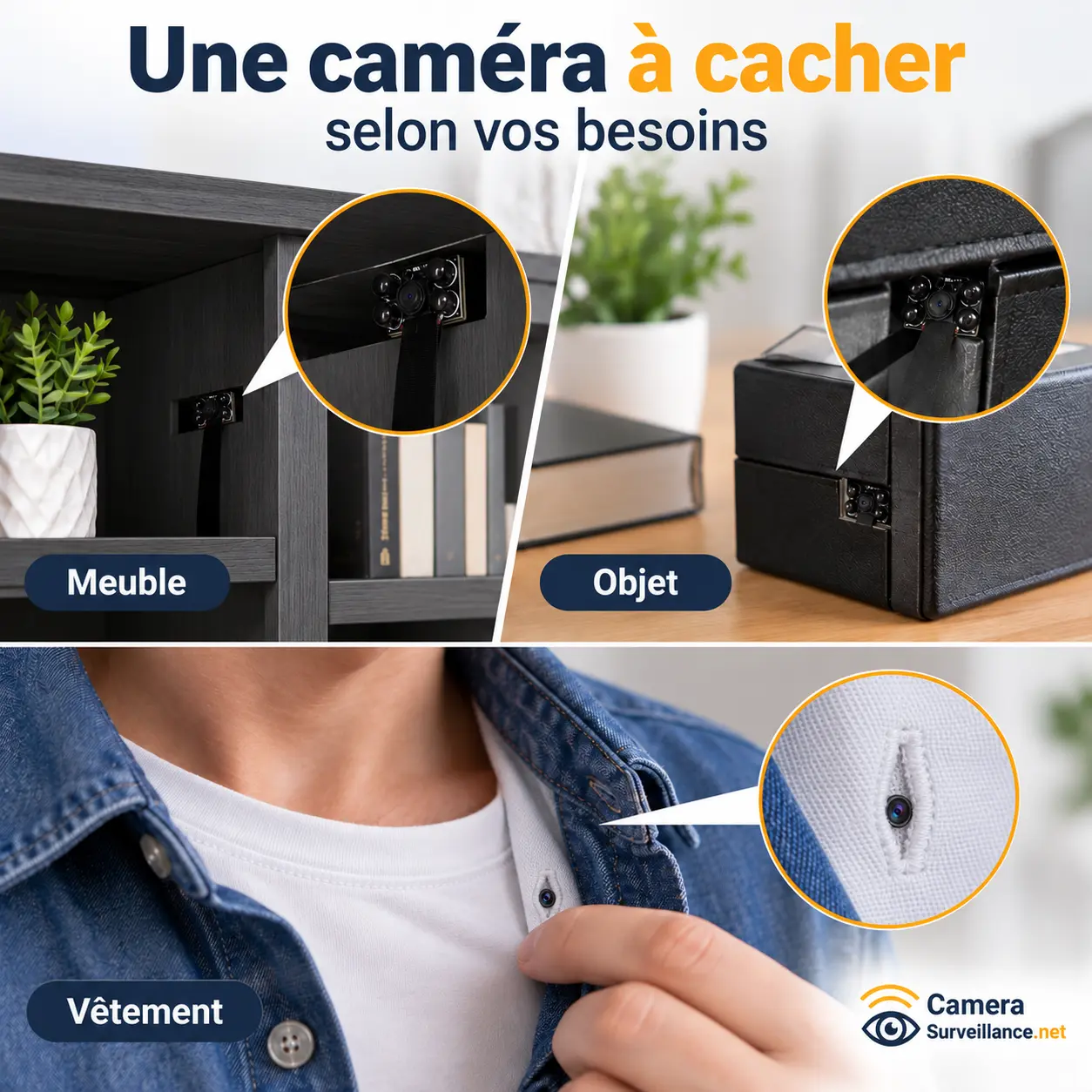 Exemples de caméra espion WiFi cachée dans un meuble, un objet et un vêtement