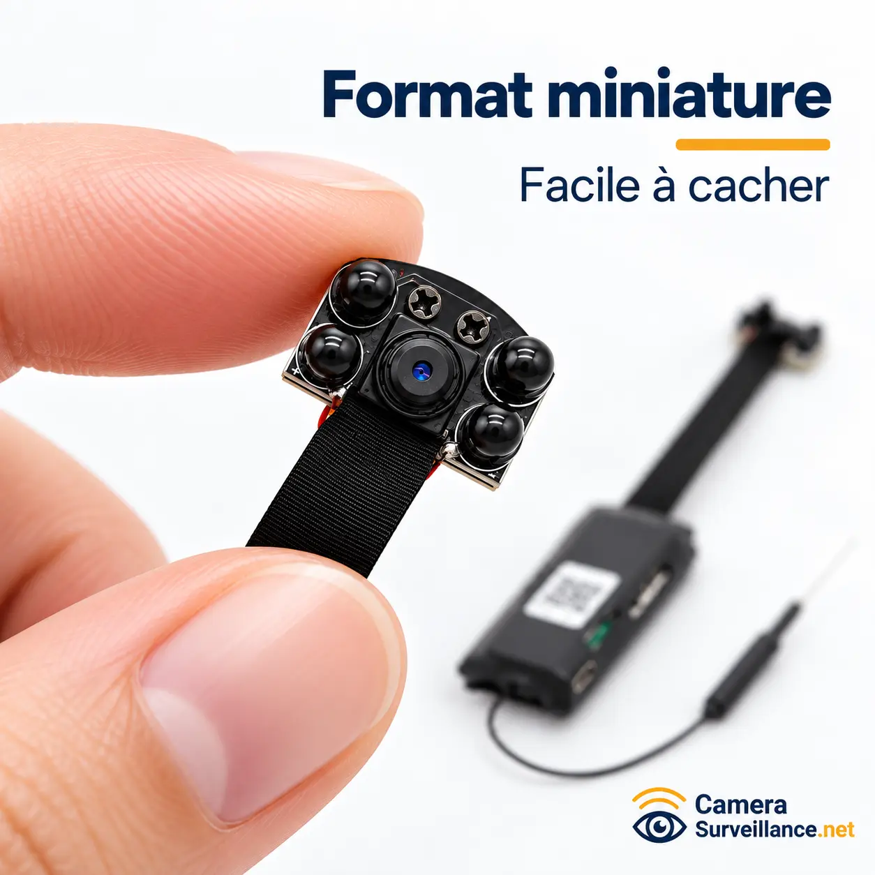 Module caméra espion WiFi miniature tenu entre les doigts pour montrer son format compact