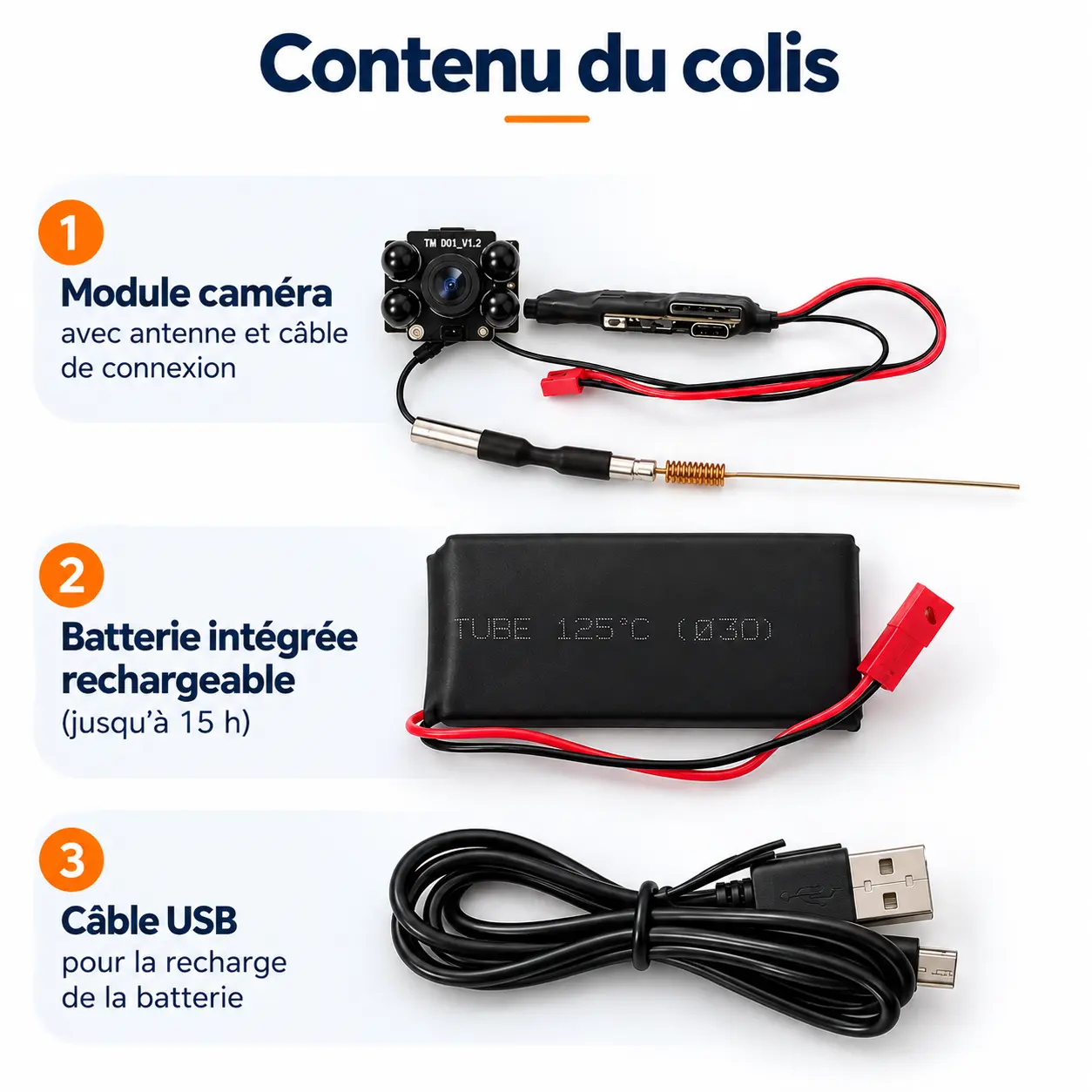 Contenu du colis du module caméra espion WiFi avec batterie rechargeable et câble USB