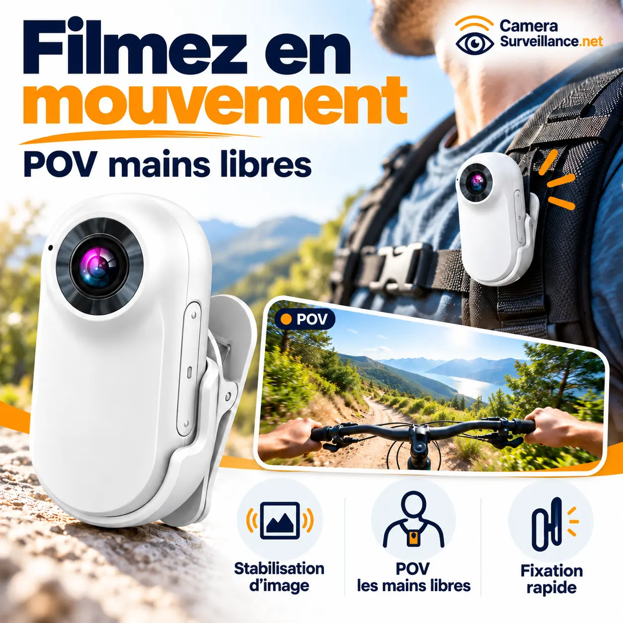 Caméra POV mains libres avec fixation rapide pour sport et vélo