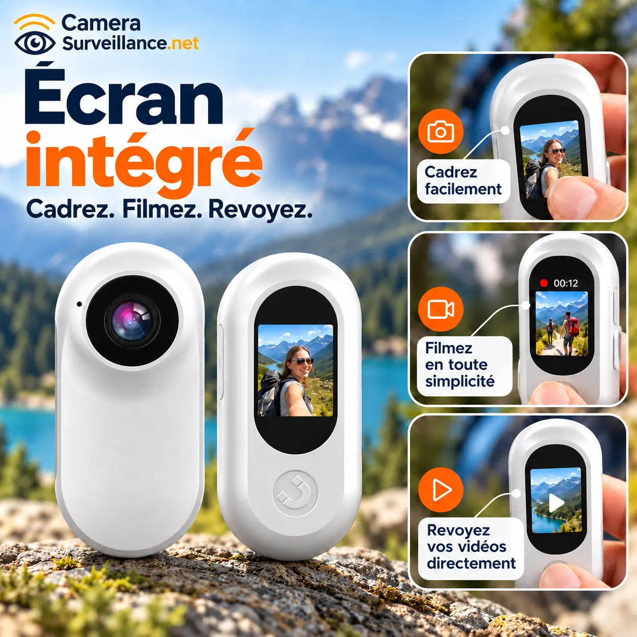 Mini caméra action avec écran intégré pour cadrer filmer et revoir les vidéos