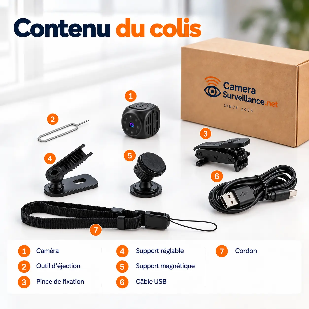 Contenu du colis de la mini caméra espion magnétique avec supports, câble USB et cordon