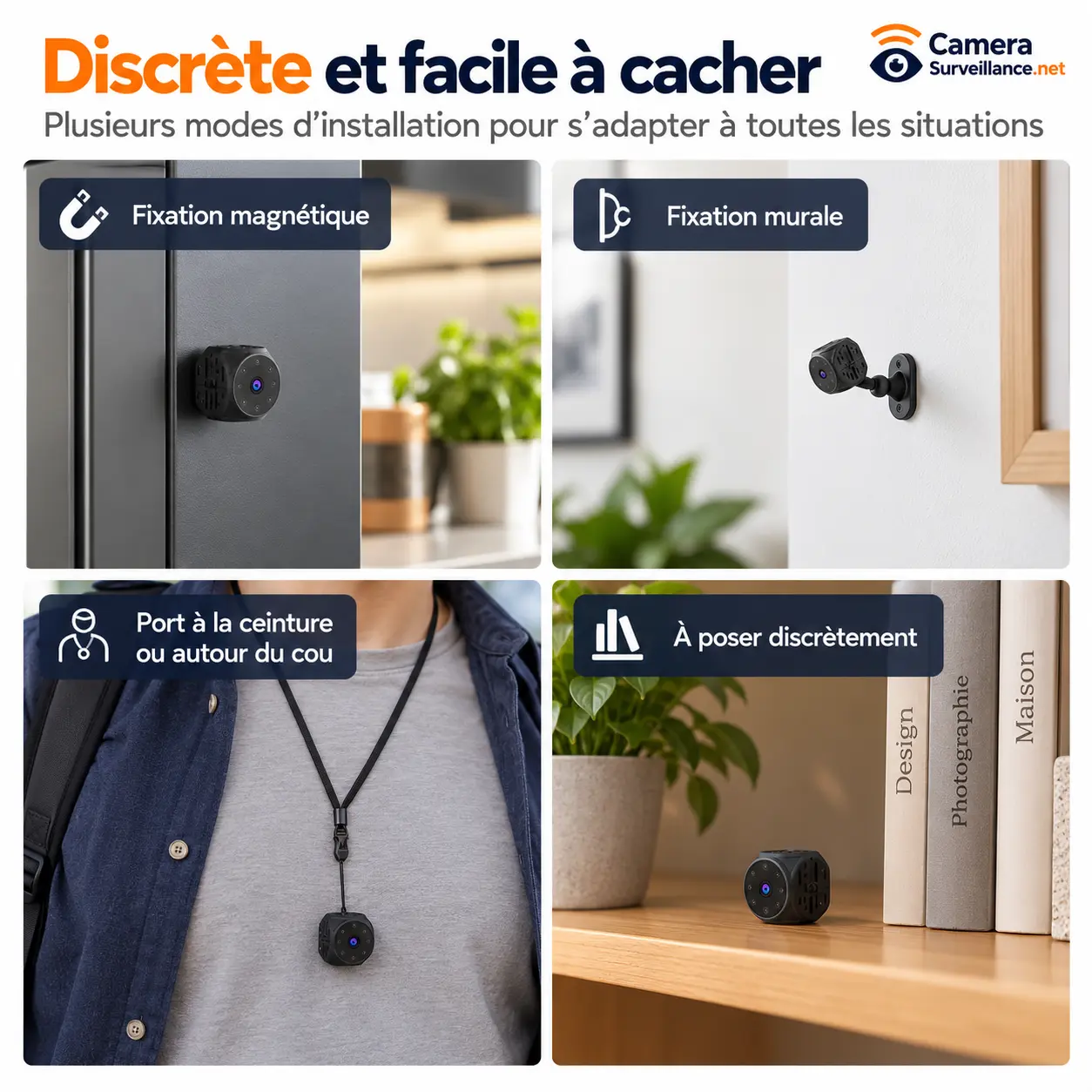 Mini caméra espion installée par aimant, support mural, cordon et sur une étagère