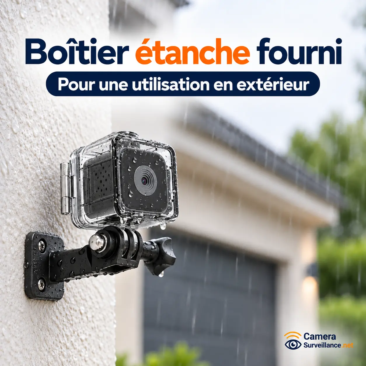 Caméra espion extérieure installée dans son boîtier étanche sous la pluie