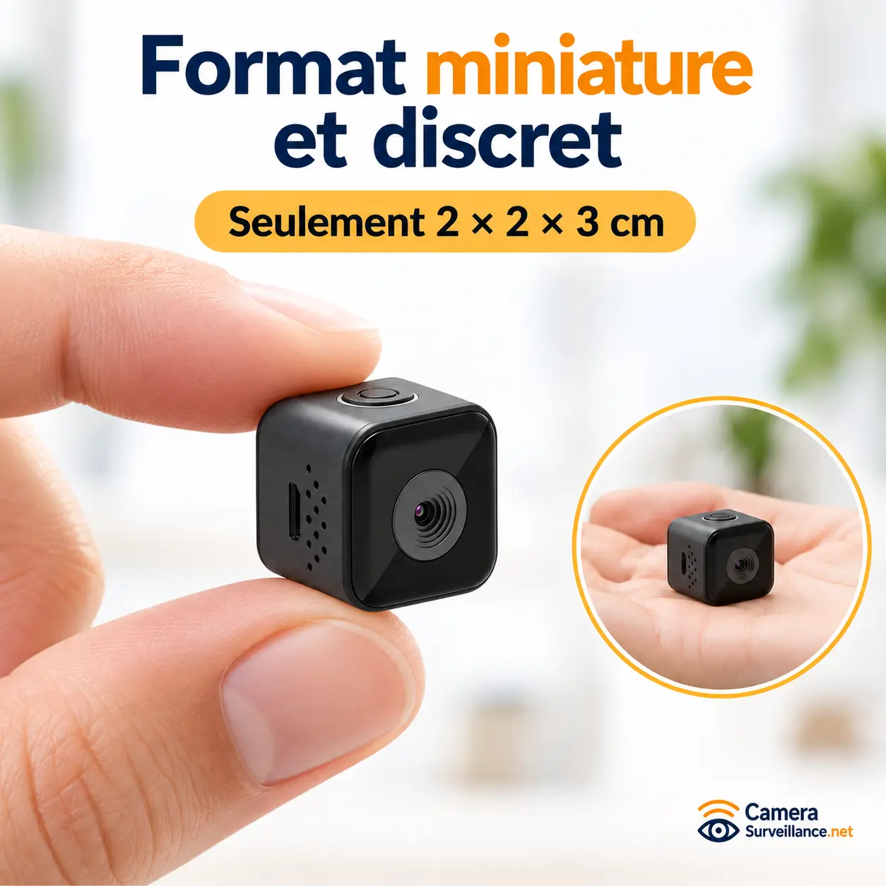 Mini caméra espion extérieure discrète de 2 × 2 × 3 cm tenue entre les doigts