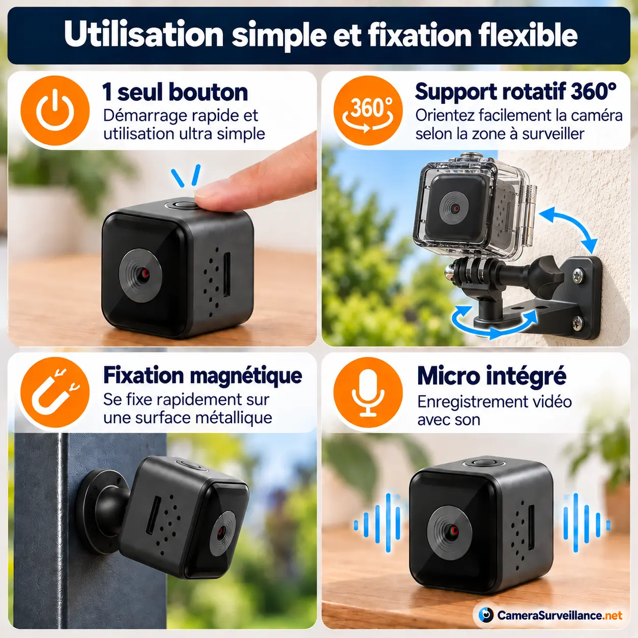 Mini caméra espion avec bouton unique, fixation magnétique, support rotatif 360° et microphone intégré
