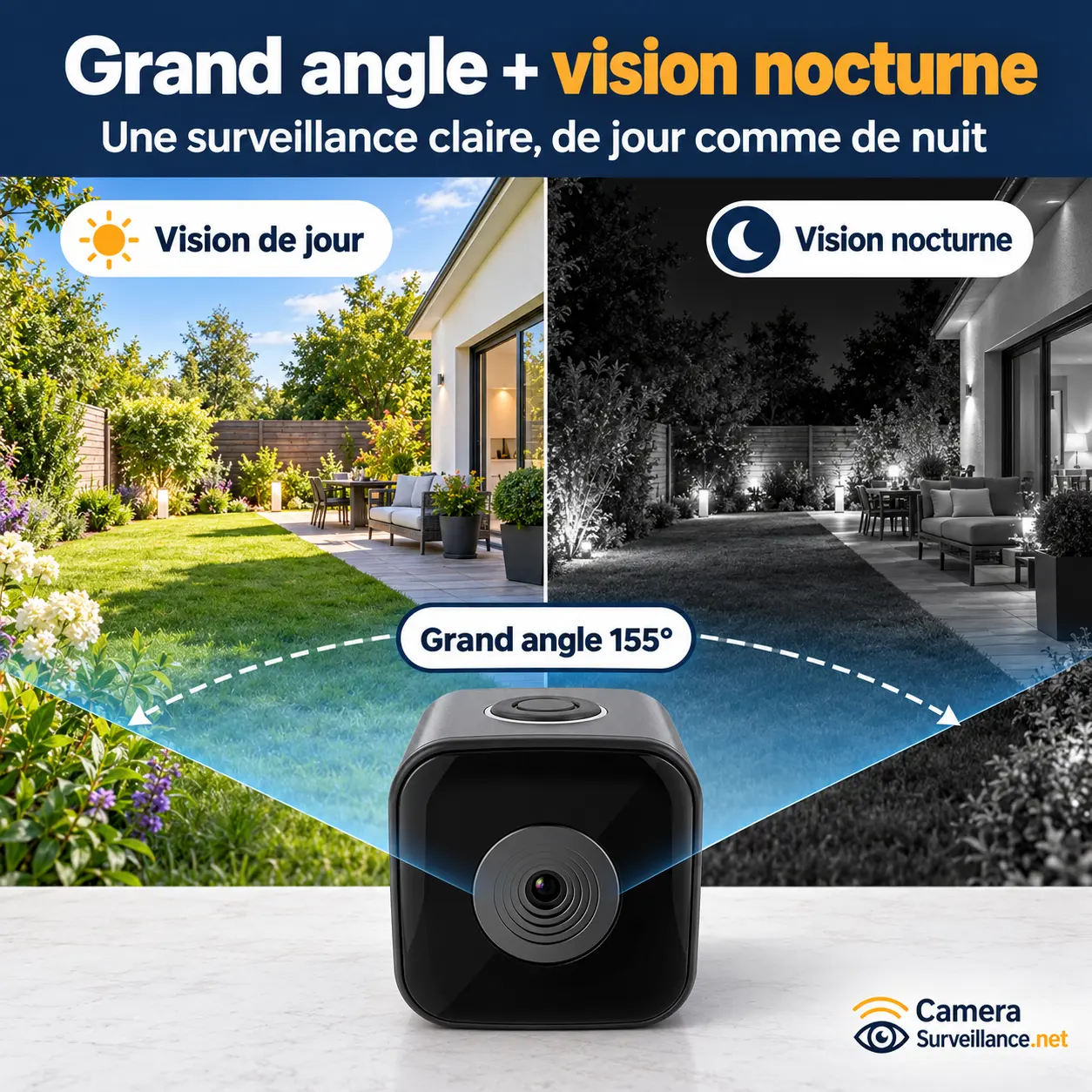 Caméra espion avec grand angle 155° et vision nocturne dans un jardin