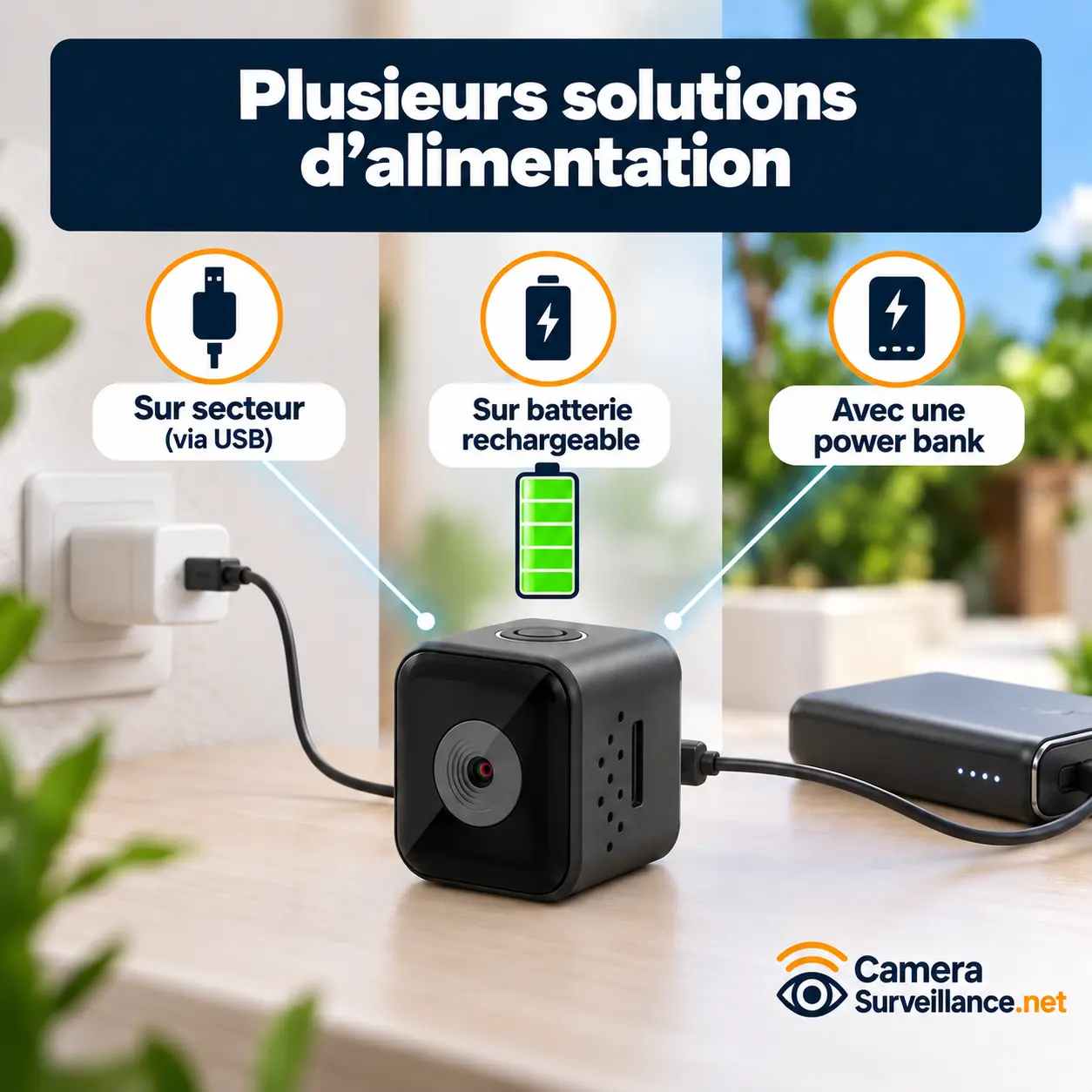 Mini caméra espion avec alimentation sur secteur, batterie rechargeable ou powerbank