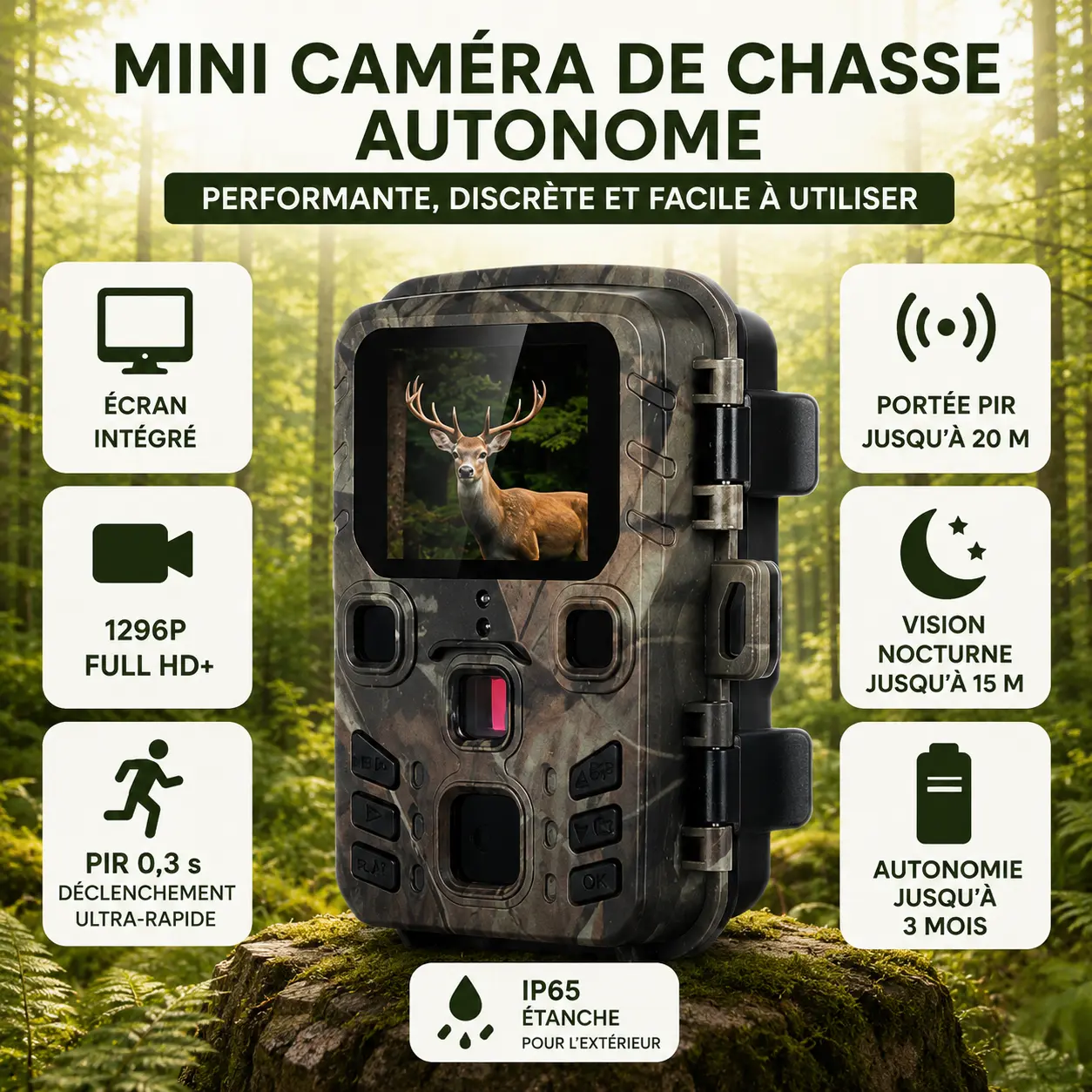 Mini caméra de chasse autonome avec écran intégré