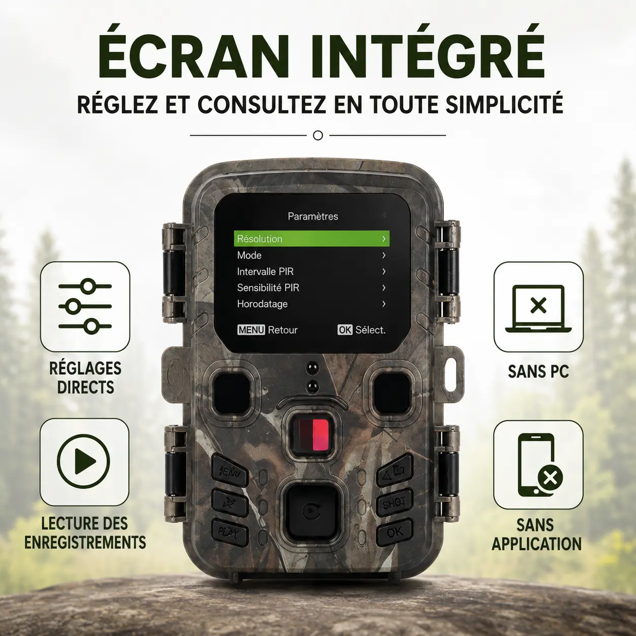 Caméra de chasse avec écran intégré pour réglages et lecture des enregistrements