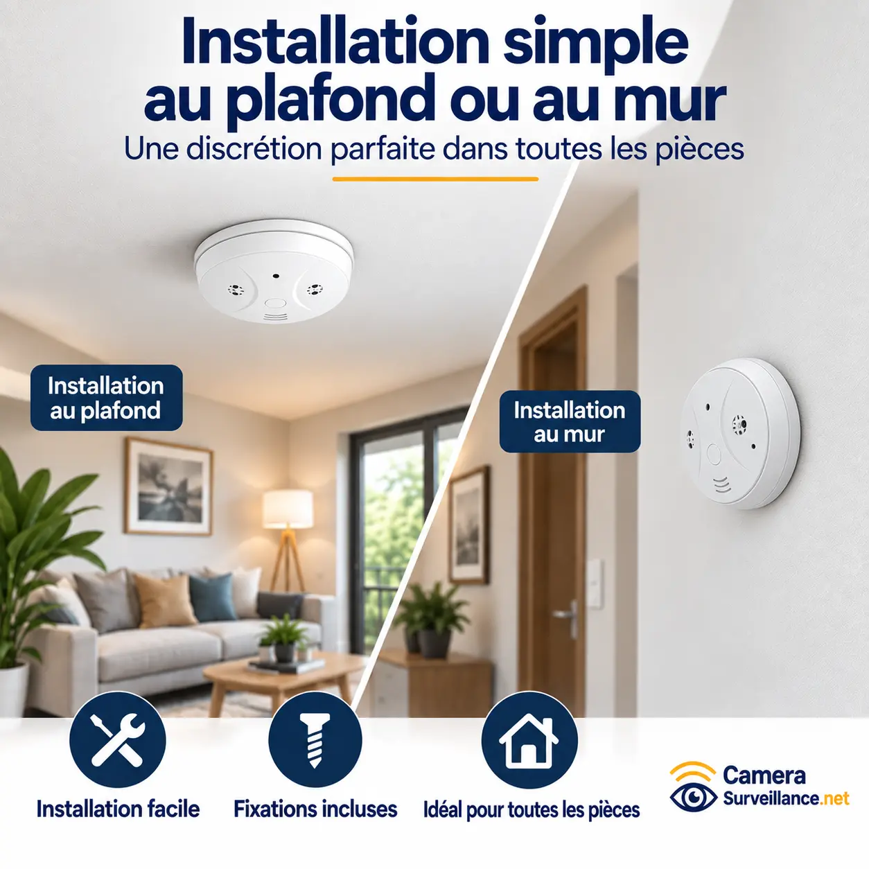 Installation caméra détecteur de fumée au plafond ou au mur