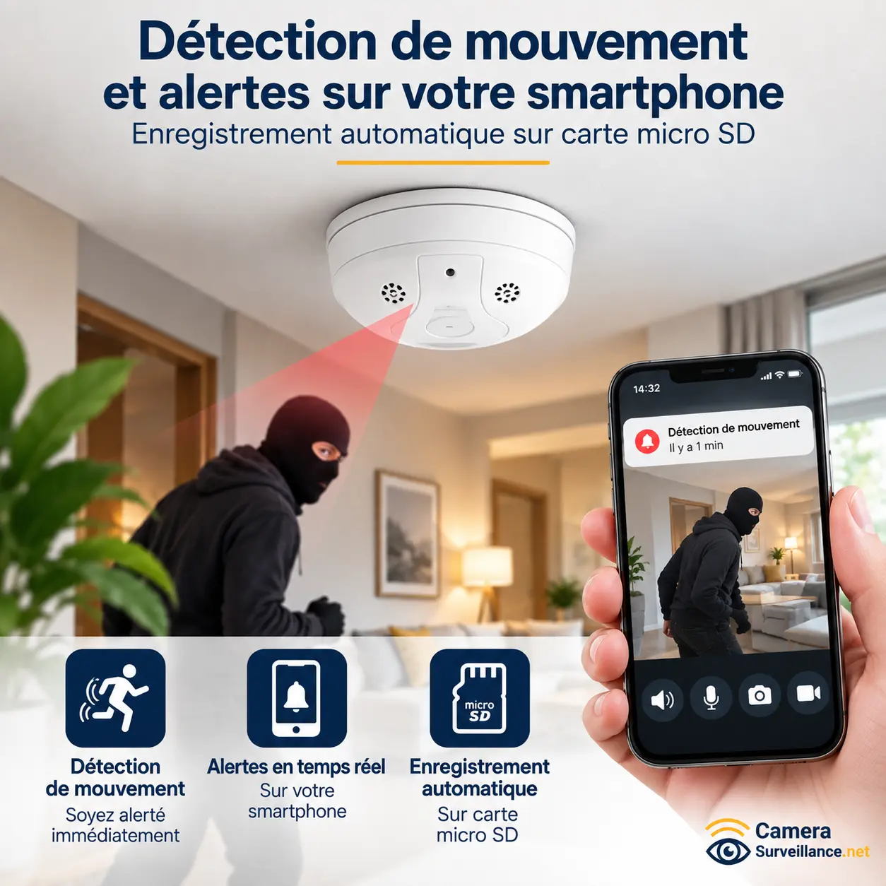 Caméra espion détecteur de fumée avec détection de mouvement et alertes sur smartphone