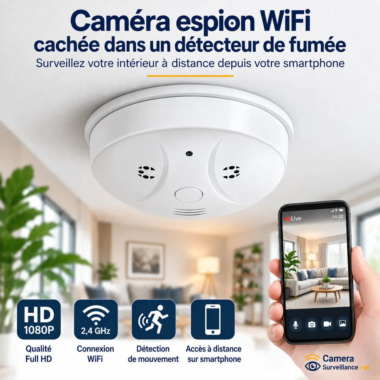 Caméra espion WiFi cachée dans un détecteur de fumée avec accès à distance sur smartphone
