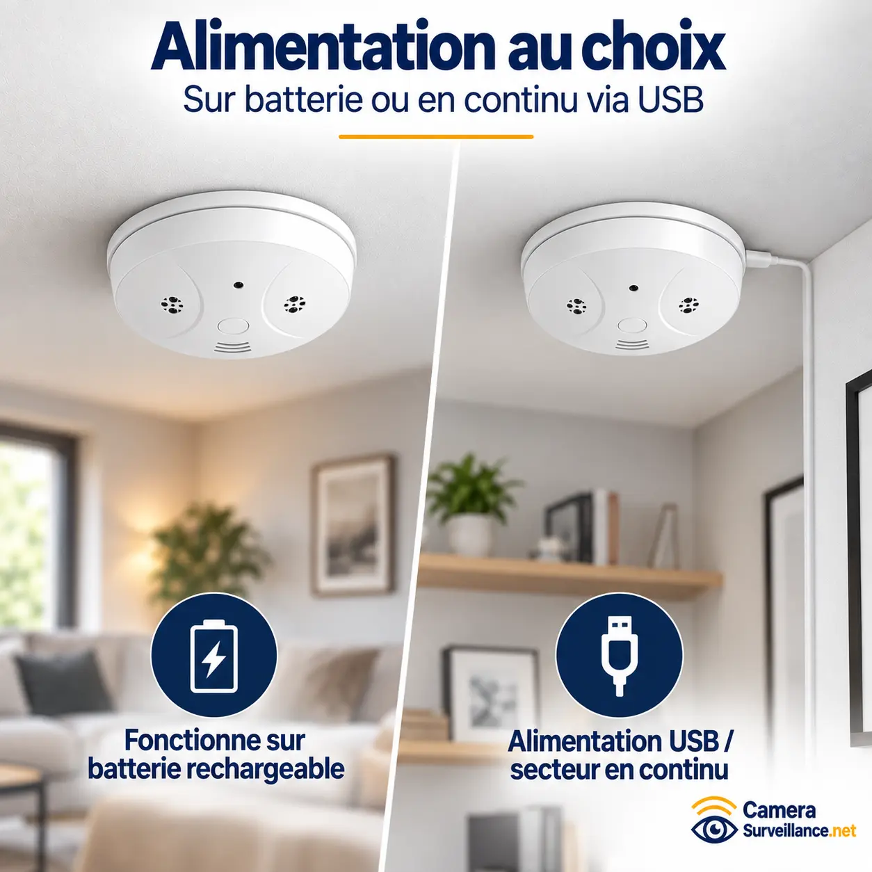 Caméra détecteur de fumée sur batterie rechargeable ou alimentation USB continue