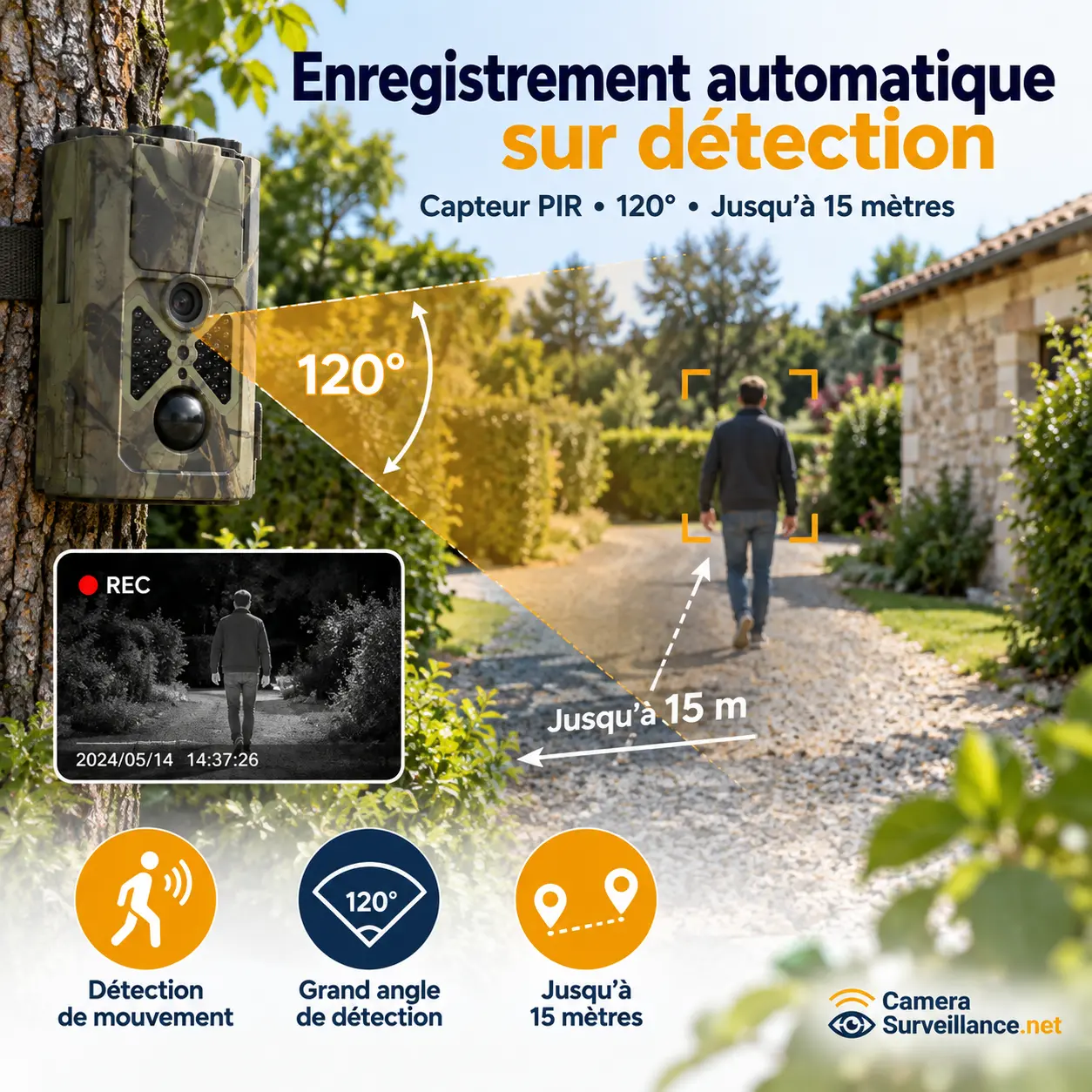 Caméra de surveillance avec détection de mouvement PIR grand angle jusqu’à 15 mètres