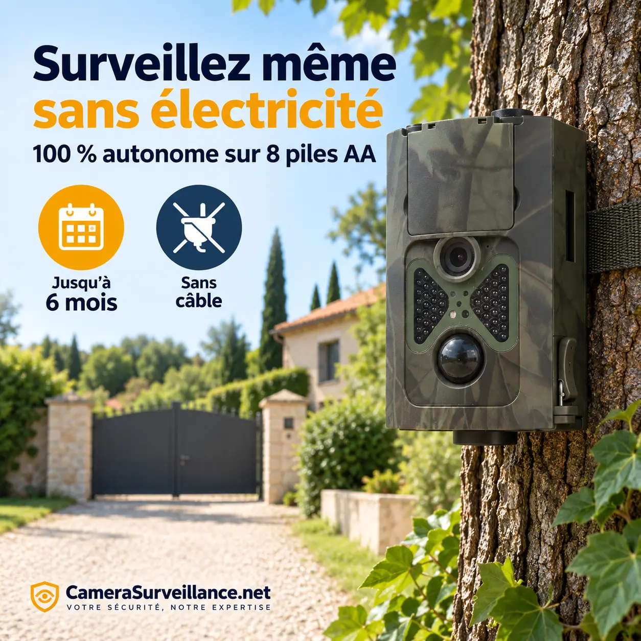 Caméra de surveillance extérieure autonome installée dans un jardin sans alimentation électrique