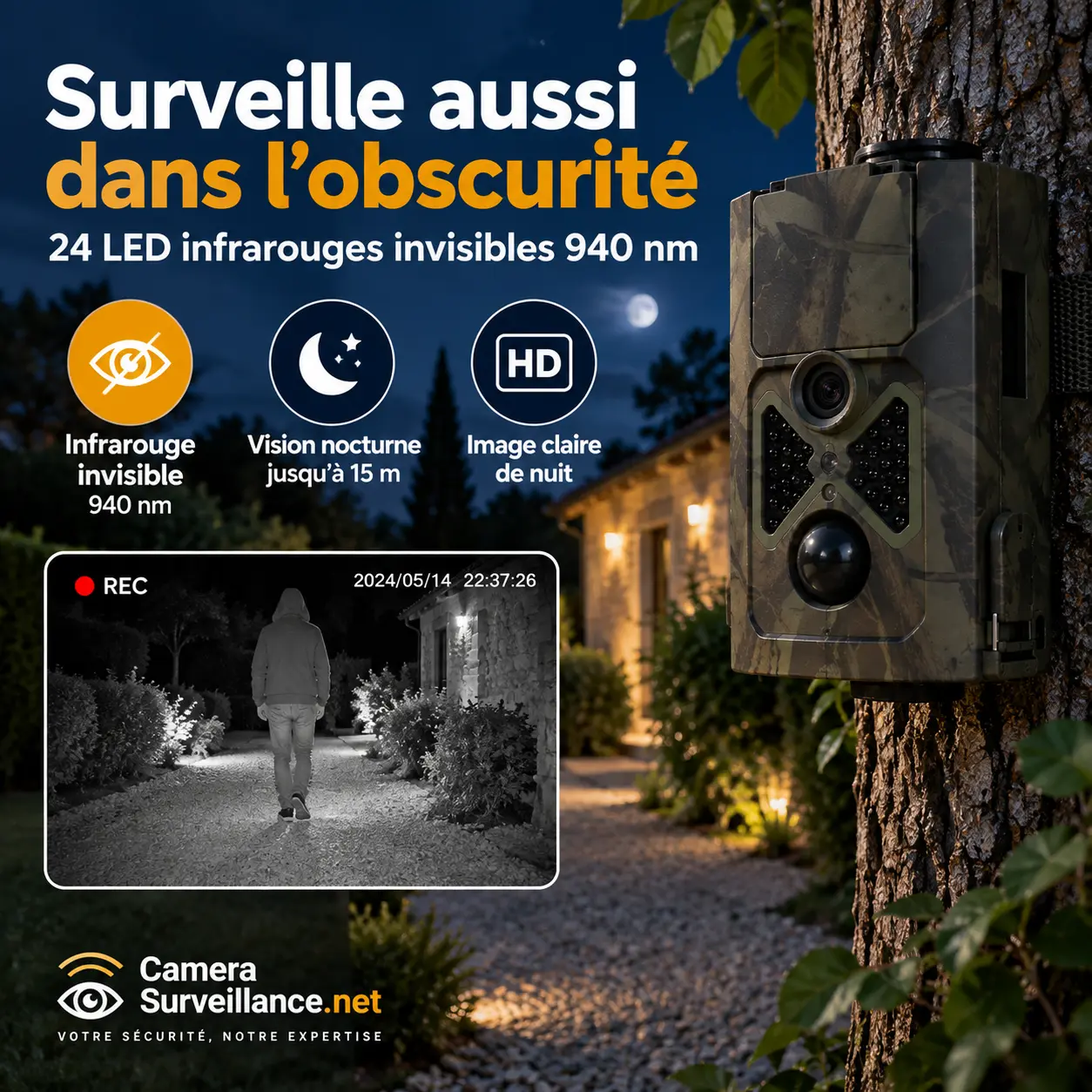 Vision nocturne infrarouge invisible 940 nm d’une caméra de surveillance extérieure