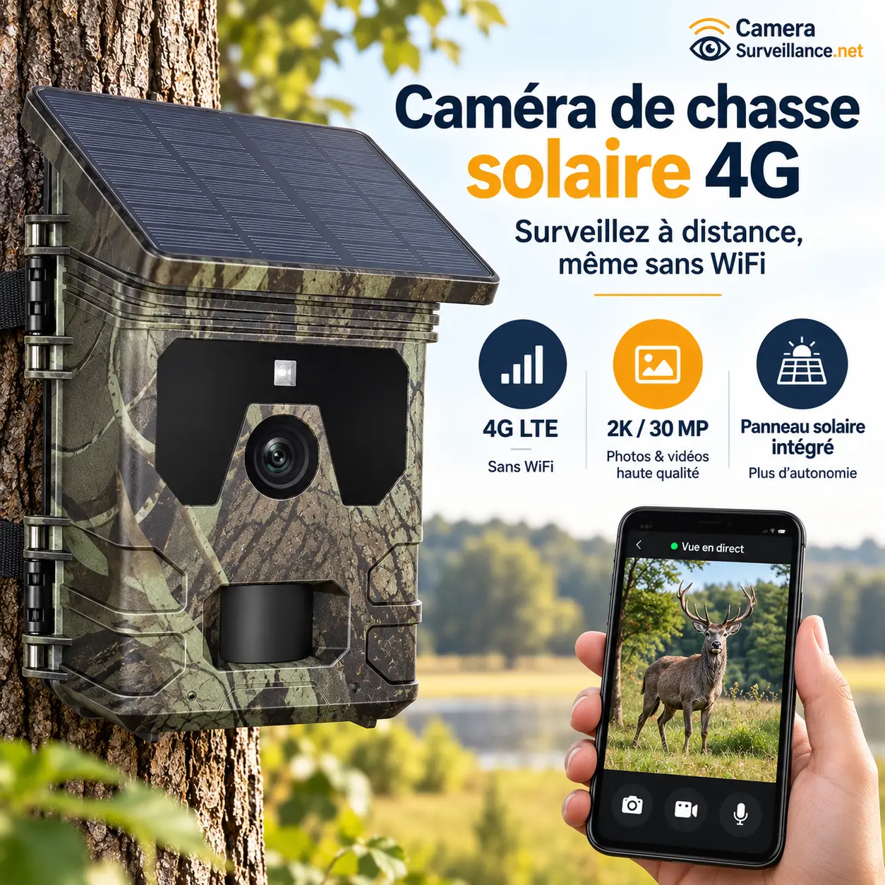 Caméra de chasse solaire 4G 2K avec accès sur smartphone