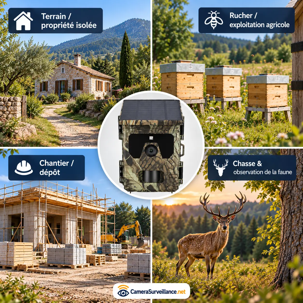 Caméra de chasse solaire 4G pour terrain, rucher, chantier et observation de la faune