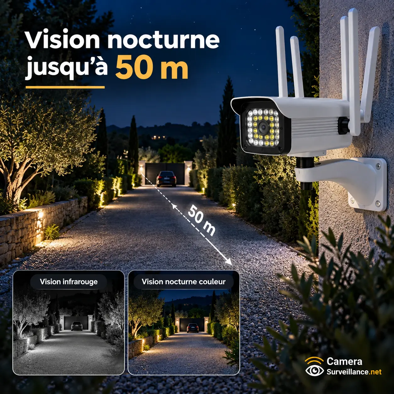 Caméra de surveillance extérieure avec vision nocturne longue portée jusqu’à 50 mètres