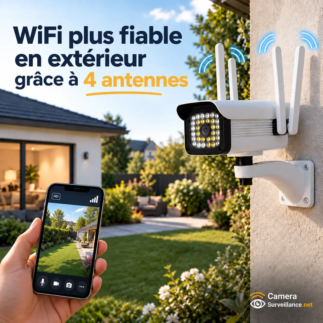 Caméra WiFi extérieure équipée de 4 antennes pour une connexion plus fiable