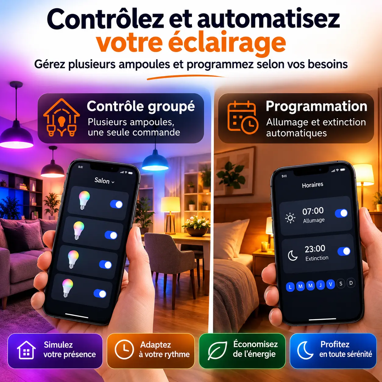 Contrôle groupé et programmation de plusieurs ampoules connectées