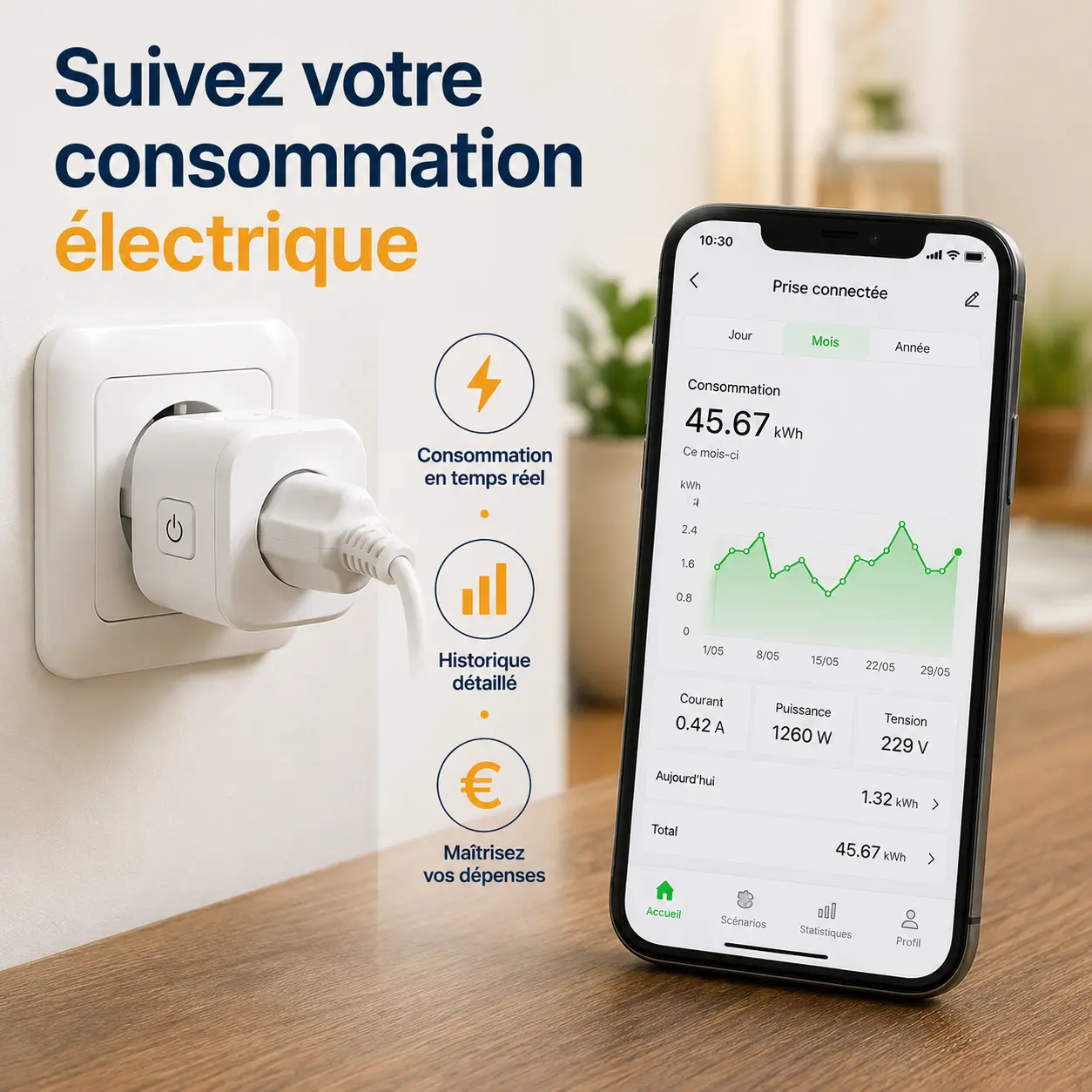 Prise connectée WiFi avec suivi de consommation électrique pour réaliser des économies