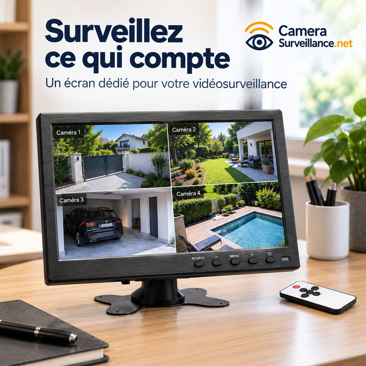 Moniteur de vidéosurveillance 10,1 pouces affichant plusieurs caméras de surveillance