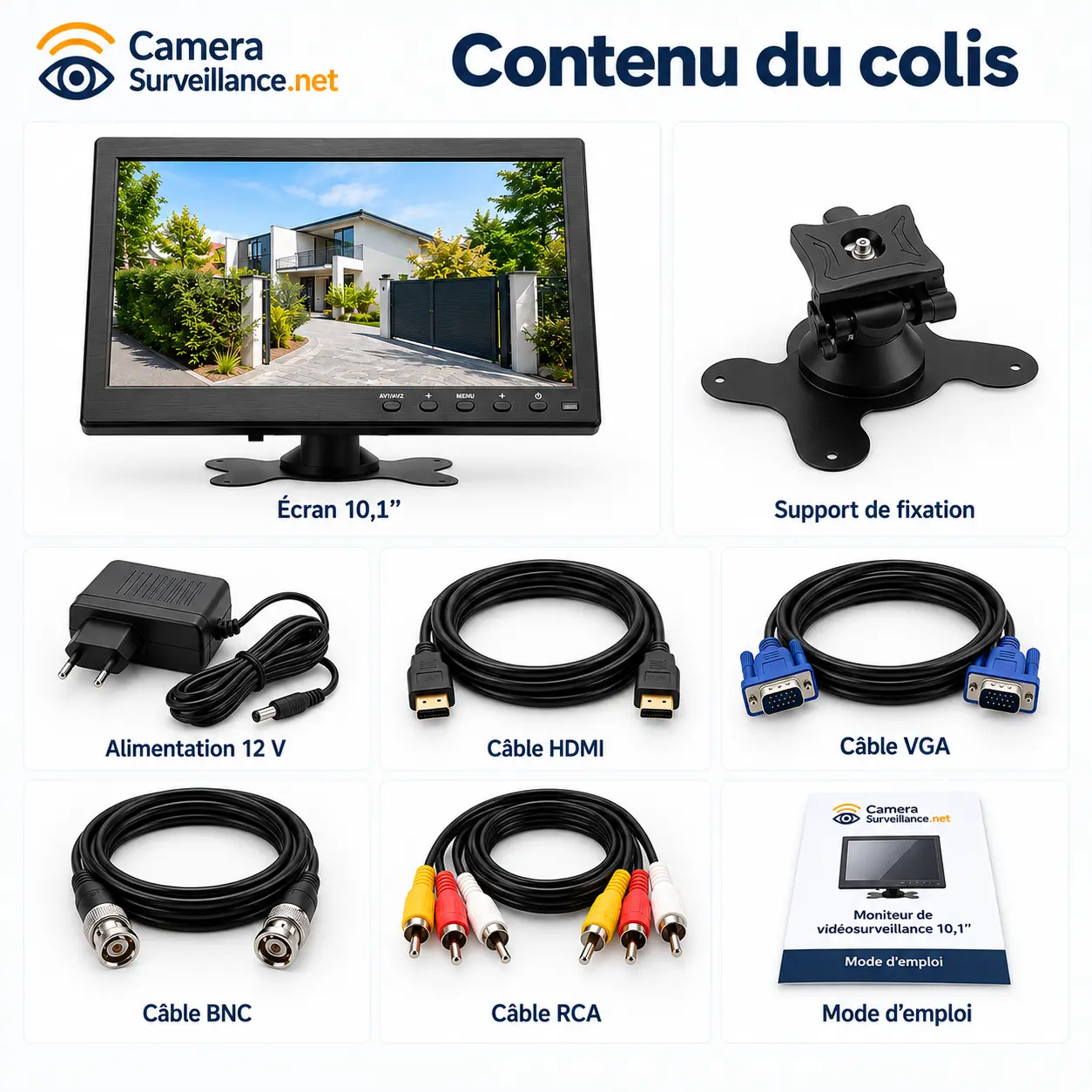Contenu du colis du moniteur de vidéosurveillance 10,1 pouces avec support, alimentation et câbles