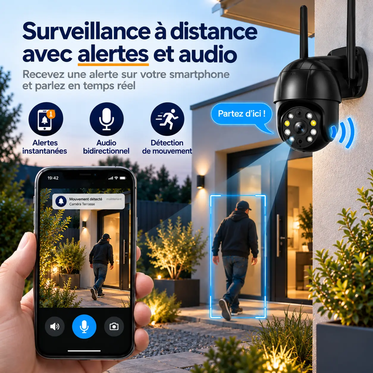 Surveillance à distance sur smartphone avec alertes et audio bidirectionnel