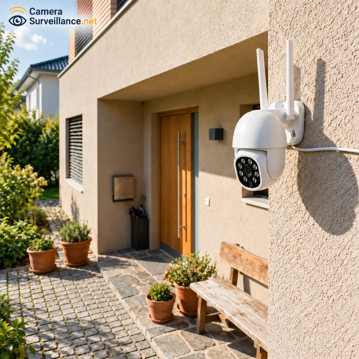 Mini caméra de surveillance extérieure WiFi rotative installée sur la façade d'une maison