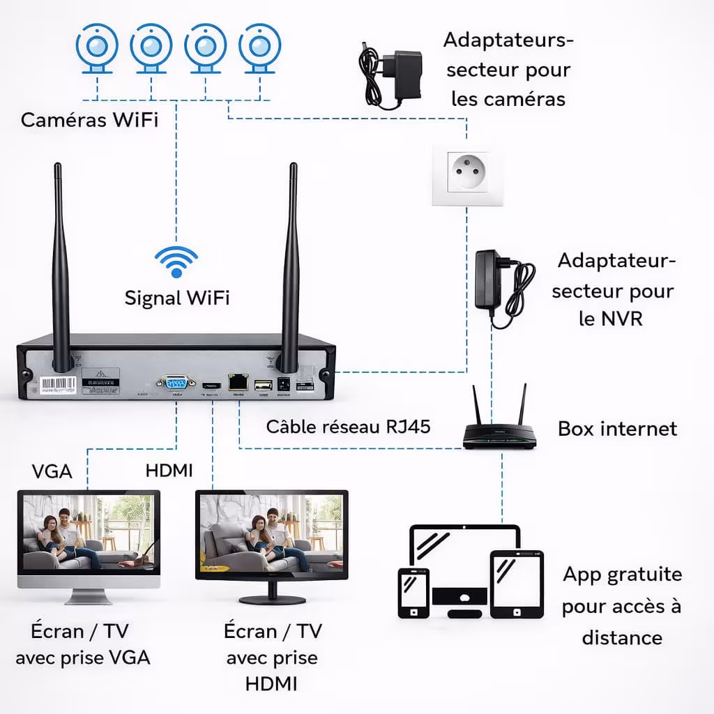 Schéma branchement kit NVR vidéosurveillance