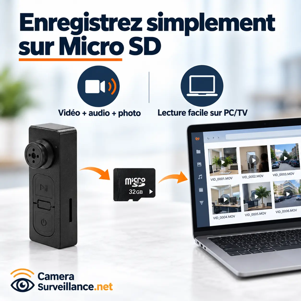 Caméra bouton enregistrant sur carte Micro SD avec lecture des fichiers sur PC ou TV