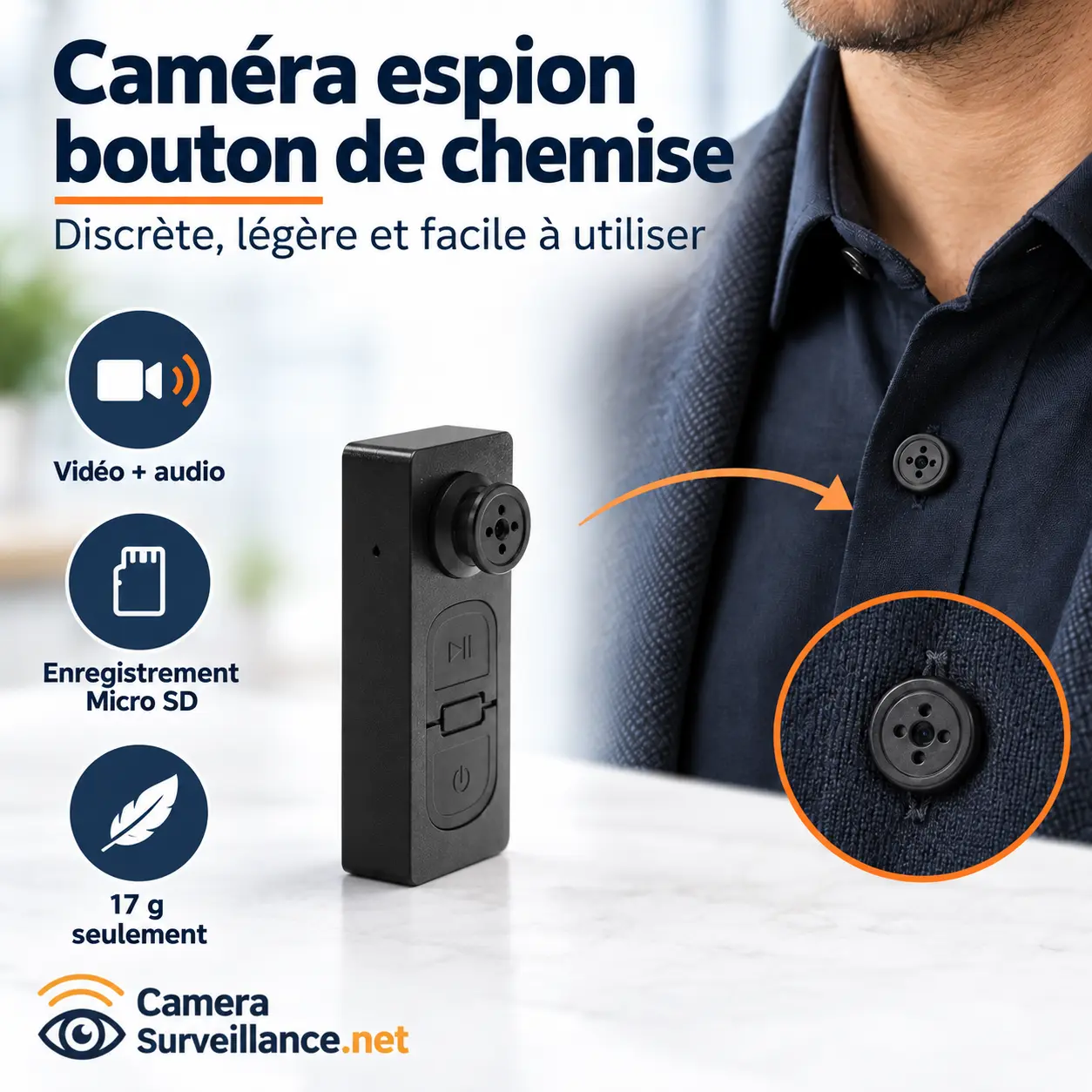 Caméra espion bouton de chemise avec enregistreur vidéo, audio et Micro SD