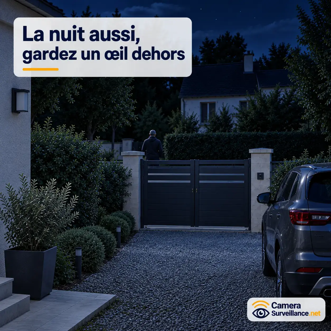 Vue nocturne sur une allée, un portail et un véhicule illustrant la surveillance depuis une fenêtre