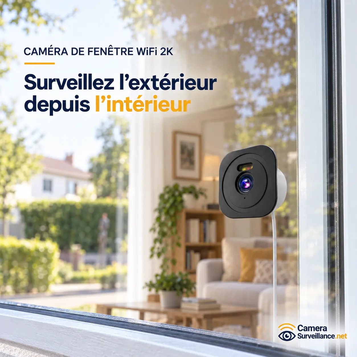 Caméra de fenêtre WiFi 2K fixée sur une vitre, vue depuis l’extérieur