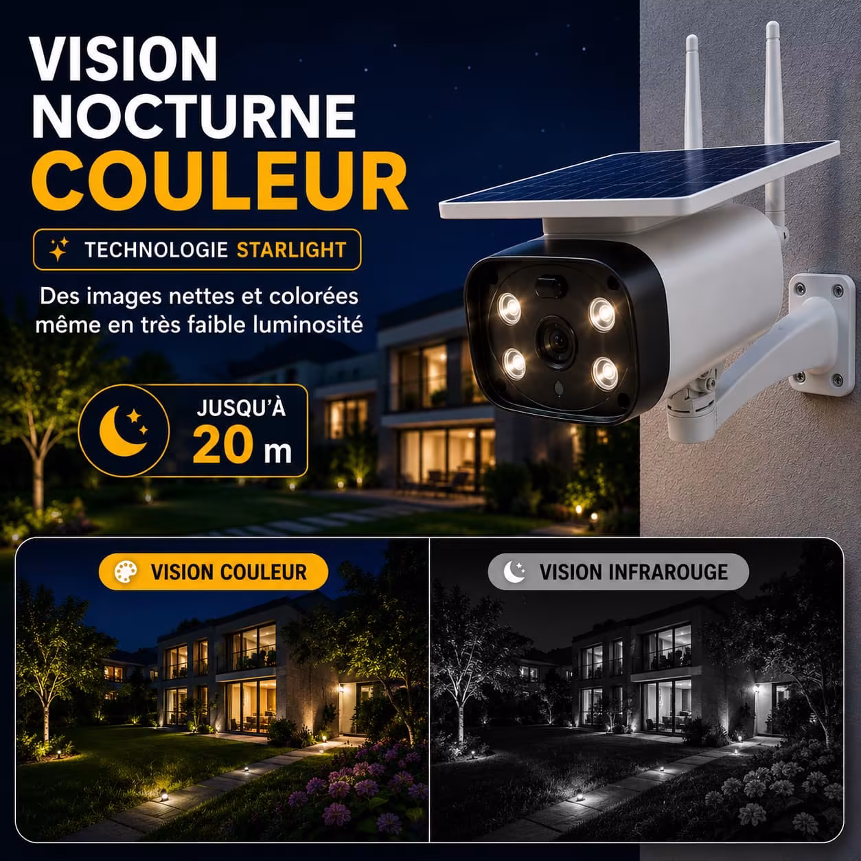 Caméra solaire vision nocturne couleur