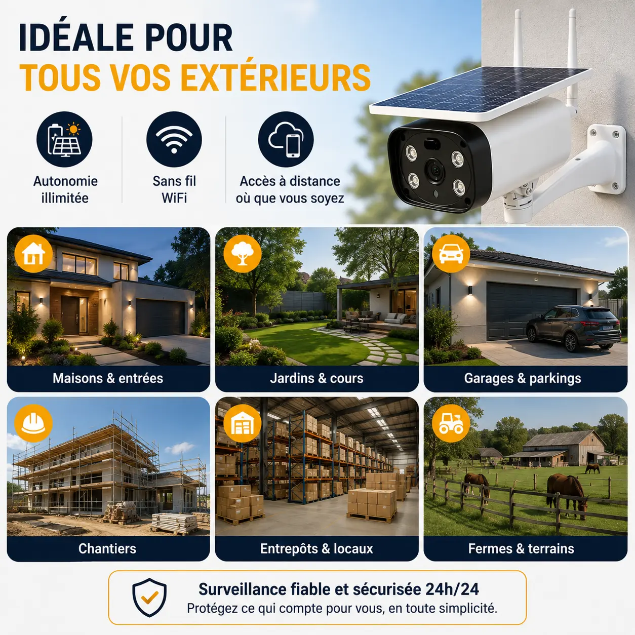 Caméra solaire WiFi pour maison, jardin, garage, chantier, entrepôt et ferme