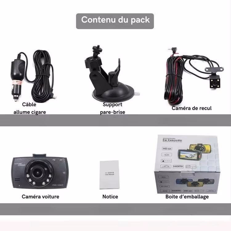 Contenu du pack dashcam et caméra de recul