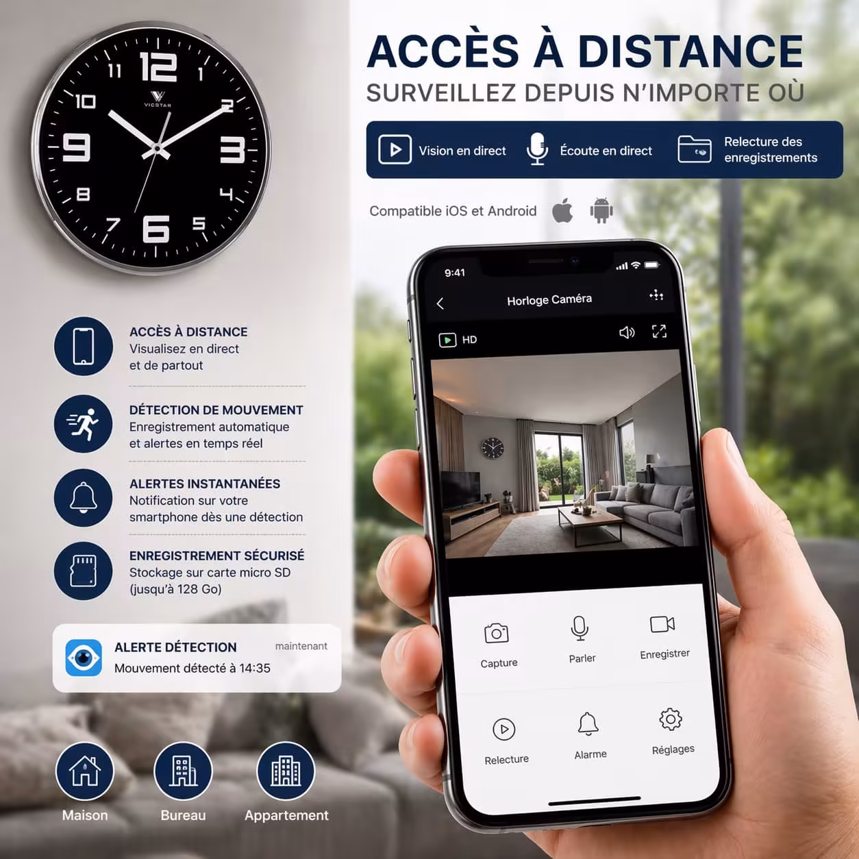 Horloge caméra espion WiFi accès à distance