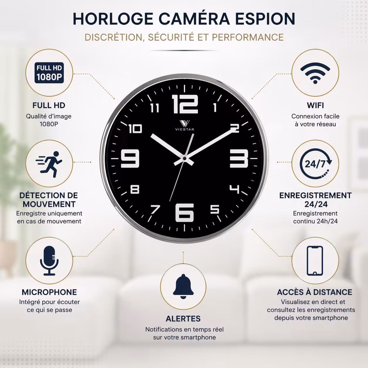 Horloge caméra espion WiFi avec détection de mouvement