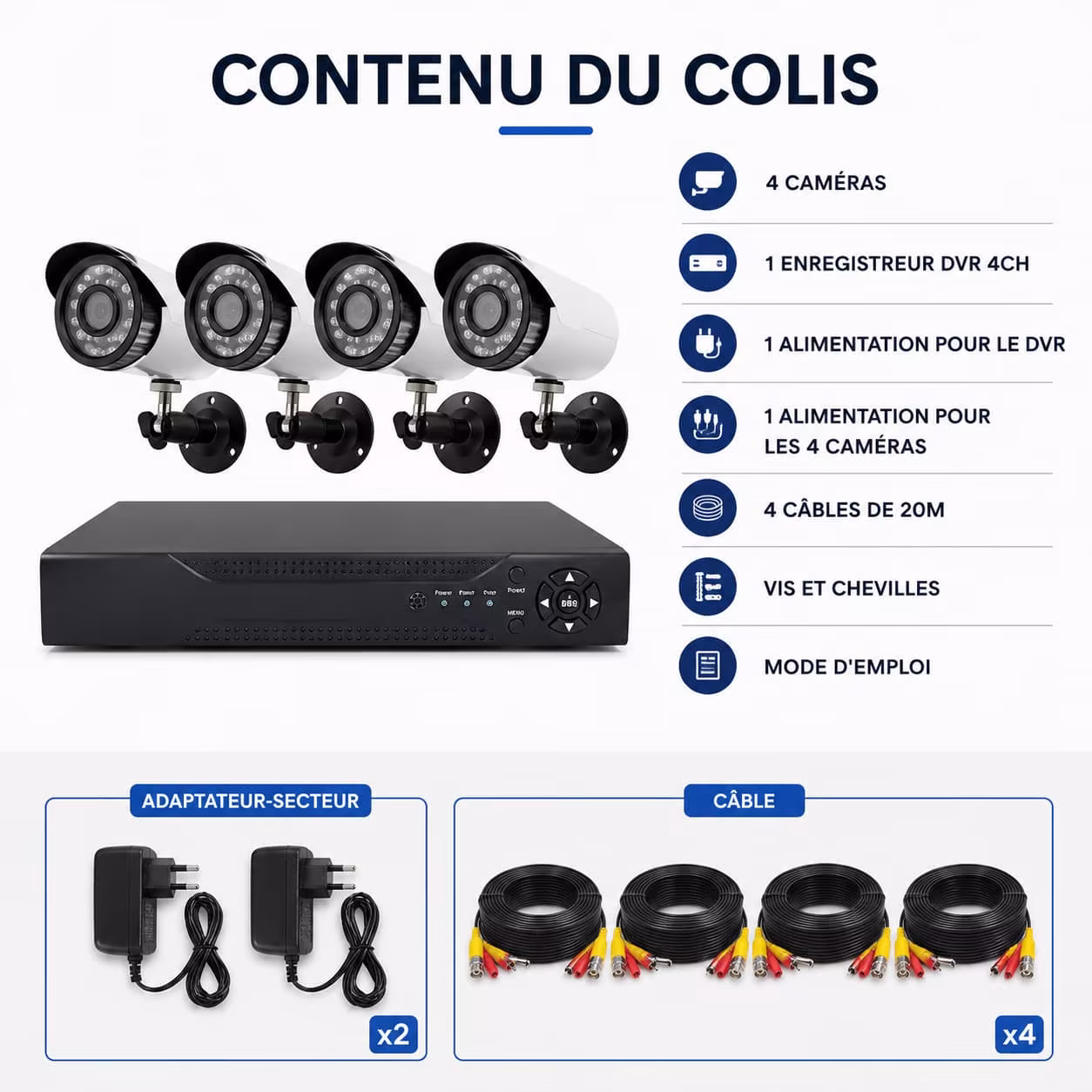 Kit DVR 4 caméras + enregistreur - contenu du colis